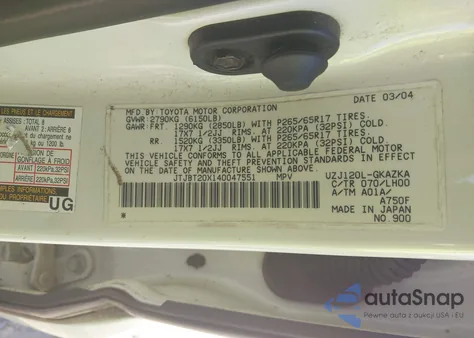 2004 Lexus Gx 470 from USA, damaged, VIN JTJBT20X140047551